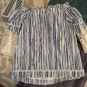 Kobi Halperin Blue and White Striped Off-Shoulder Top